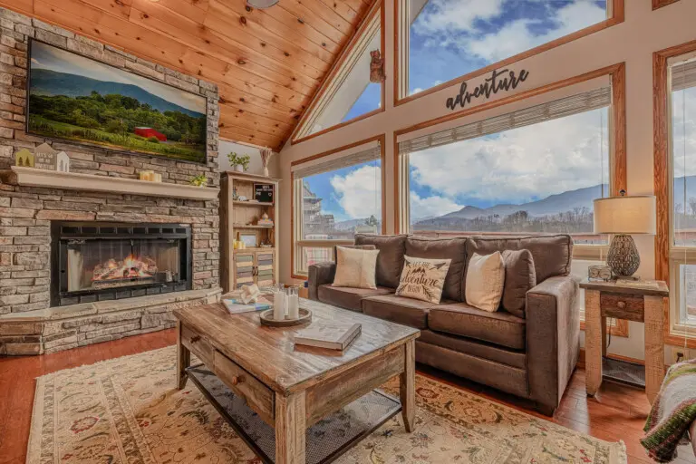 Stone propane fireplace with cathedral tongue-and-groove ceiling