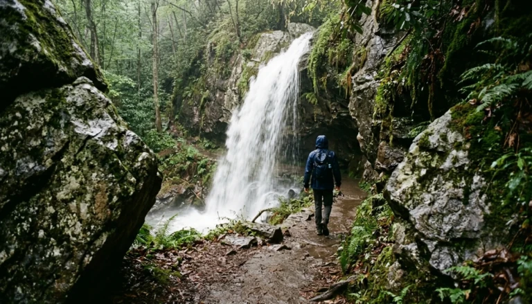 Hiker walking behind Grotto Falls, one of the best hikes near Gatlinburg in the Smoky Mountains