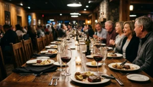 Large group dinner at one of the best restaurants in Gatlinburg with a long table set for ten guests