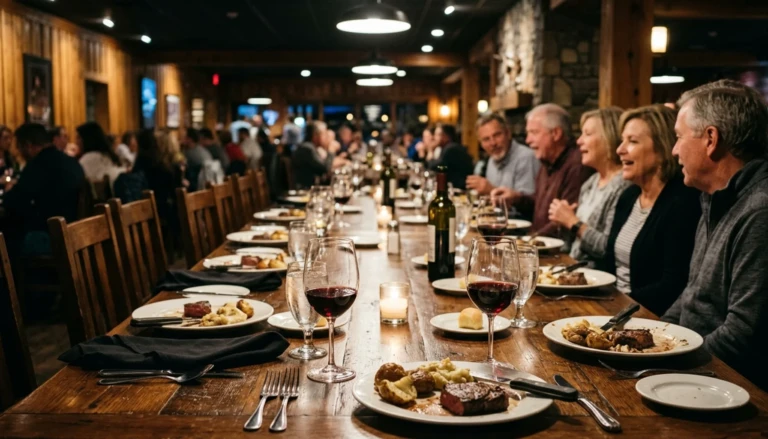 Large group dinner at one of the best restaurants in Gatlinburg with a long table set for ten guests