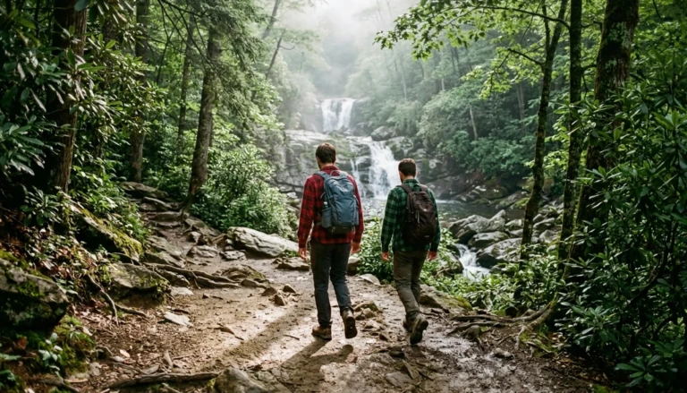 Hikers walking the Laurel Falls trail during a 3 day Gatlinburg itinerary in the Smoky Mountains