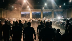 Crowd silhouettes at Jeep Invasion 2026 event near the LeConte Center in Pigeon Forge, TN
