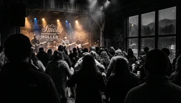 Crowd enjoying live music, one of the best rainy day activities in Gatlinburg at Ole Smoky's tasting room
