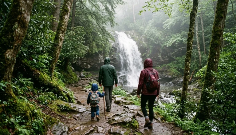 Family hiking behind Grotto Falls, one of the best waterfalls near Gatlinburg for kids