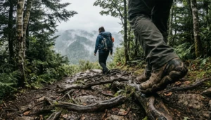 Hiker stepping onto a forest trail, one of many activities in the Smoky Mountains near Gatlinburg