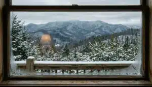 Light snow dusts pine trees and mountain ridges, showing does it snow in Pigeon Forge Tennessee