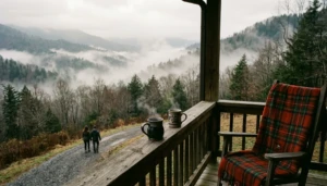 Couple walking a foggy mountain path from a Gatlinburg cabin porch, illustrating Gatlinburg for couples getaways