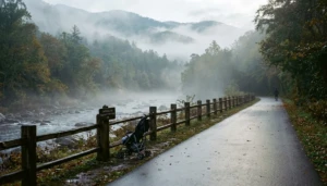 Empty Gatlinburg Trail at dawn, a peaceful stroller-friendly path ideal for Gatlinburg with kids before crowds arrive