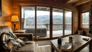 Cozy hot tub cabin living room in Gatlinburg with mountain view, a top anniversary getaway idea