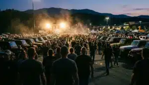 Crowd at the Great Smoky Mountain Jeep Invasion event in Pigeon Forge with Jeeps and stage lights