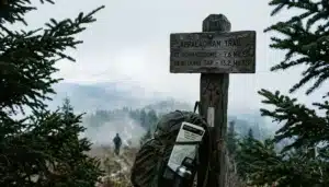 Appalachian Trail signpost with map in Great Smoky Mountains National Park near Gatlinburg
