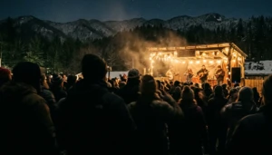 Crowd silhouettes at a hidden gems Gatlinburg mountain music gathering near the Arts & Crafts Community