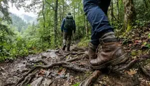 Hiker's view of boots stepping onto the forested path while hiking Chimney Tops Trail in Gatlinburg