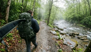 Solo traveler hiking the Gatlinburg Trail along the Little Pigeon River in Great Smoky Mountains