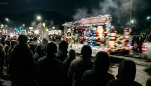 Crowd watches the Fantasy of Lights Christmas Parade in Gatlinburg glow past on the Parkway