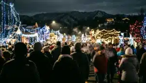 Crowd silhouettes watch millions of LED lights during Gatlinburg Winter Magic on the Parkway