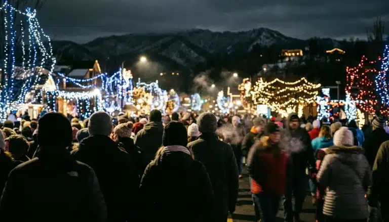 Crowd silhouettes watch millions of LED lights during Gatlinburg Winter Magic on the Parkway