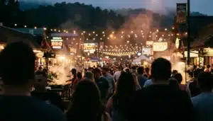 Crowd gathered for Gatlinburger Week food event on Gatlinburg's main strip at dusk