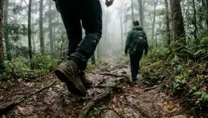 Hiker's POV stepping onto a misty forest trail while hiking near Gatlinburg in the Smoky Mountains