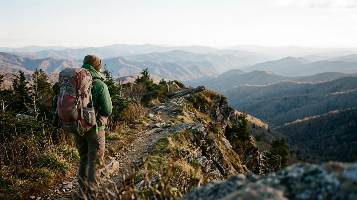 Backpacker on a Smokies ridge trail, the trekking side of hiking vs trekking