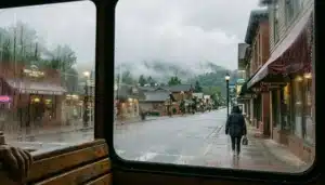 Misty Gatlinburg street and forested Smoky Mountain ridges seen from a trolley window, first time visiting Gatlinburg