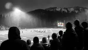 Crowd silhouettes watching a night game at the Gatlinburg All American Bowl football showcase under stadium lights