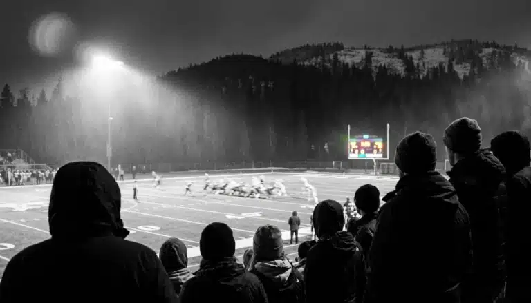 Crowd silhouettes watching a night game at the Gatlinburg All American Bowl football showcase under stadium lights