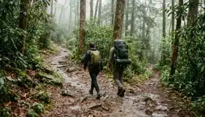 Two hikers with day and overnight packs on a Smoky Mountains trail, illustrating hiking vs trekking near Gatlinburg