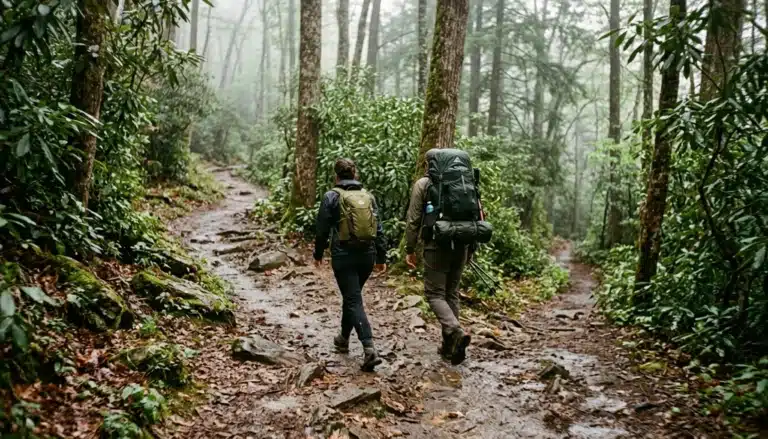 Two hikers with day and overnight packs on a Smoky Mountains trail, illustrating hiking vs trekking near Gatlinburg