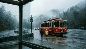 Gatlinburg trolley at a misty stop with Smoky Mountain ridges behind, illustrating local tips for visiting Gatlinburg
