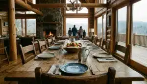 Long dining table in a Gatlinburg cabin great room set for a multi-day family reunion retreat in Tennessee