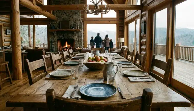 Long dining table in a Gatlinburg cabin great room set for a multi-day family reunion retreat in Tennessee