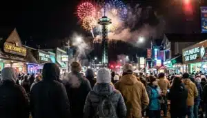 Crowd watching the new year's eve ball drop and fireworks show Gatlinburg near the Space Needle on a snowy night